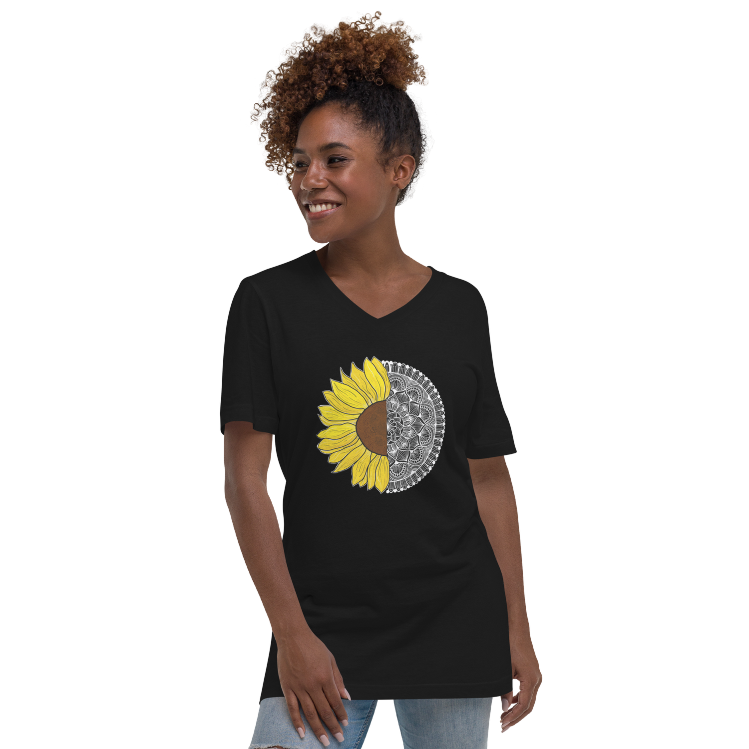 Sunflower Mandala Unisex Short Sleeve V-Neck T-Shirt