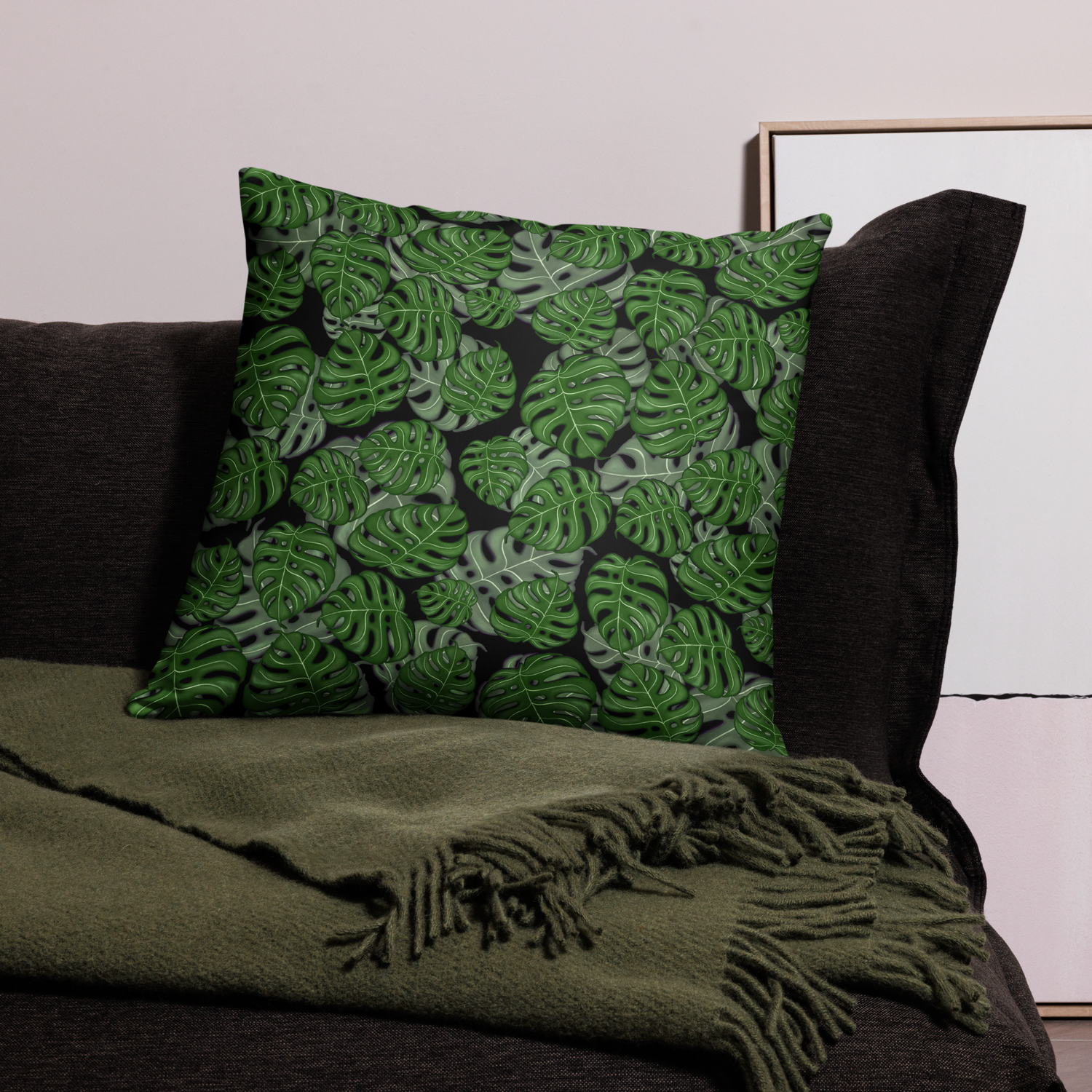 Monstera black background cushion basic Pillow