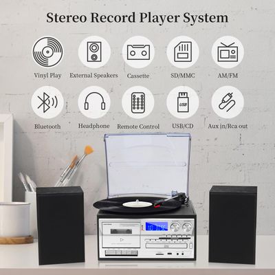 MUSITREND 10 in 1 Record Player with Dual Stereo Speakers Vintage 3 Speed Turntable with Bluetooth AM FM Radio CD Cassette USB SD Play 3.5mm Headphone Aux-in RCA Line-Out (Black)