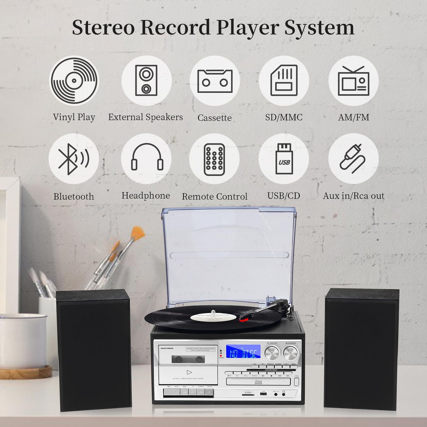 MUSITREND 10 in 1 Record Player with Dual Stereo Speakers Vintage