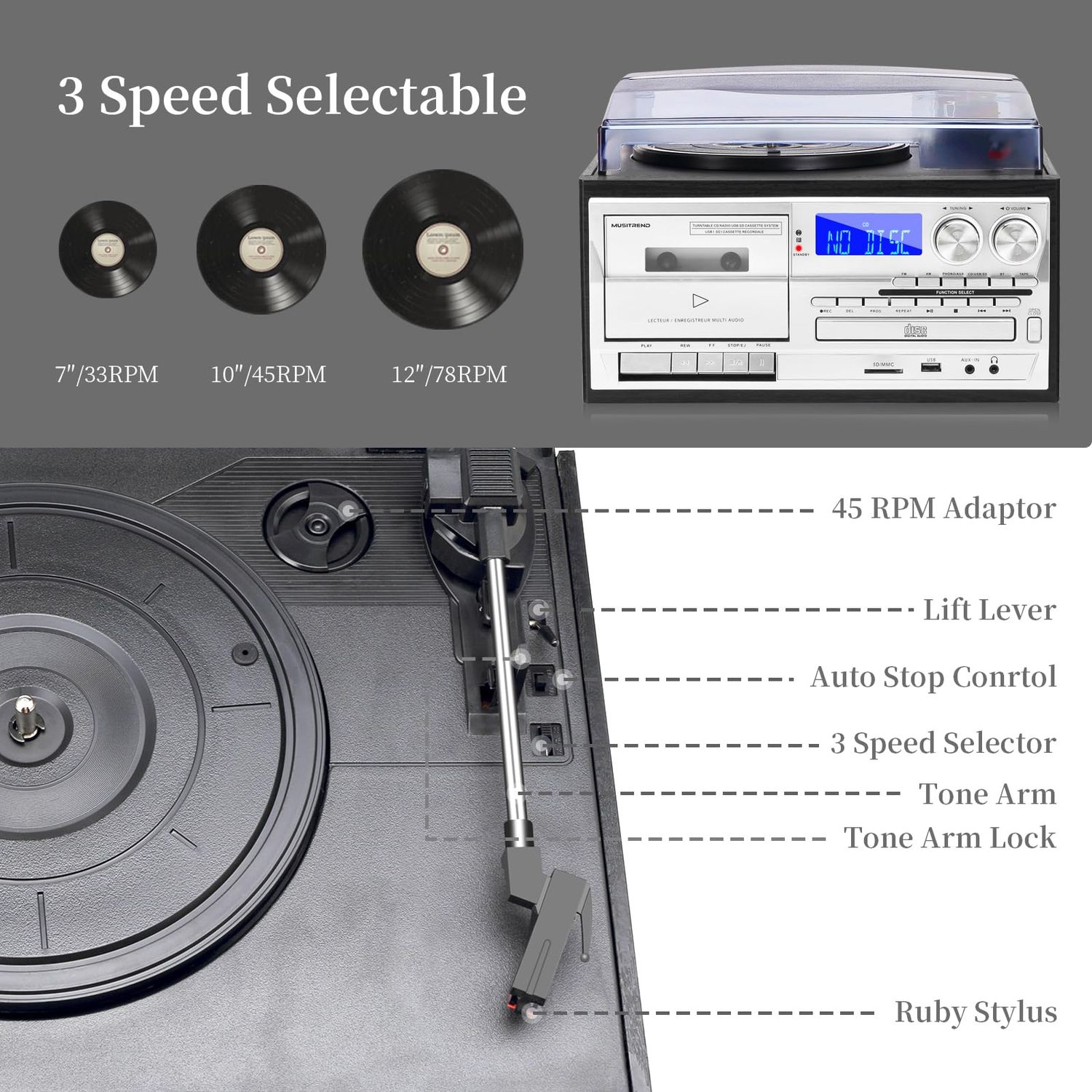 MUSITREND 10 in 1 Record Player with Dual Stereo Speakers Vintage