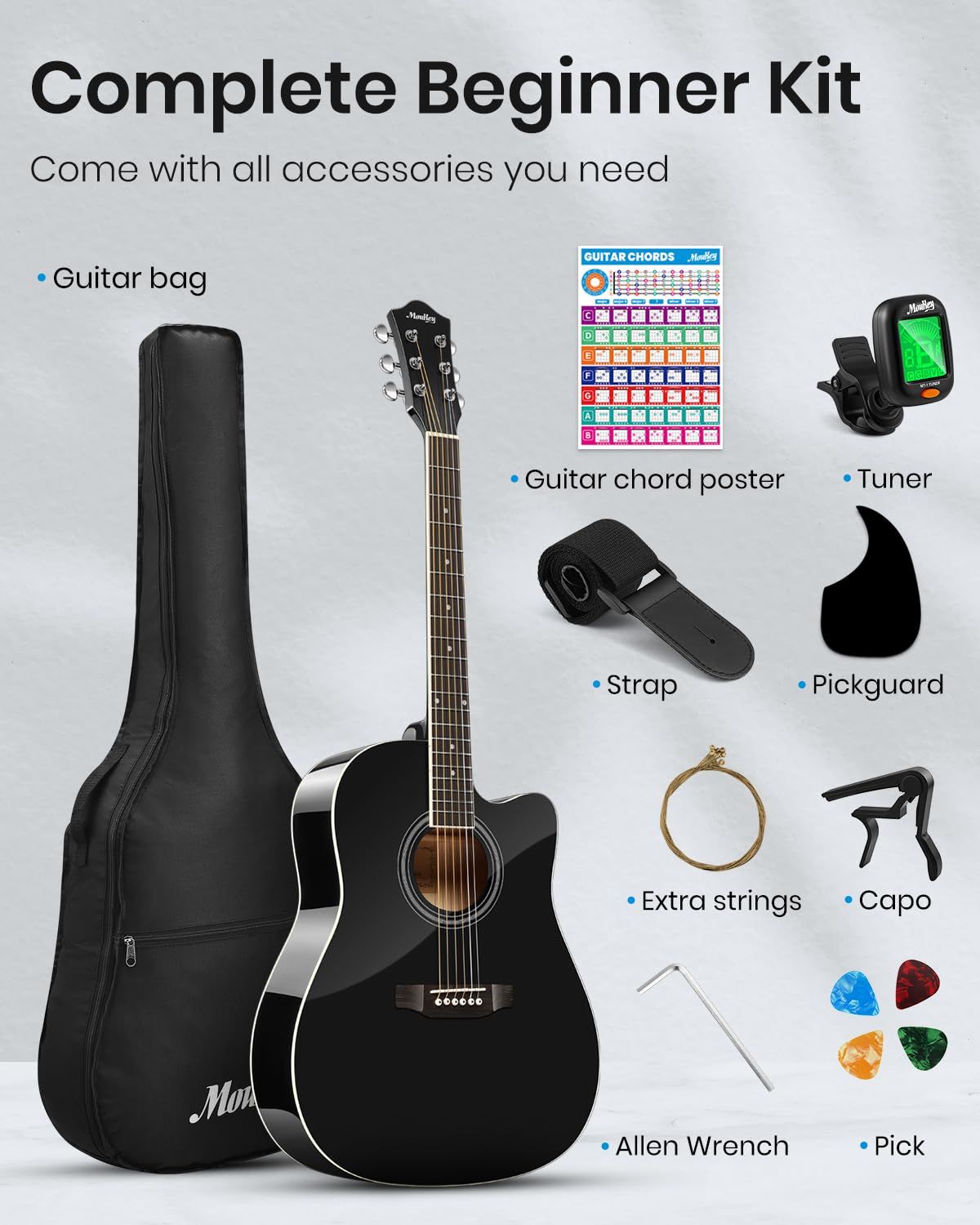 Moukey 41 Acoustic Guitar for Adult Teen Full Size with Accessories and Bag