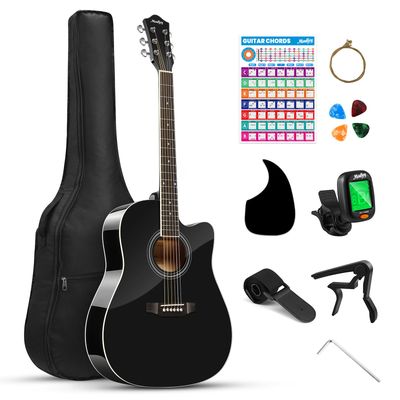 Moukey 41 Acoustic Guitar for Beginner Adult Teen Full Size Guitarra Acustica with Chord Poster, Gig Bag, Tuner, Picks, Strings, Capo, Strap Right Hand - Black