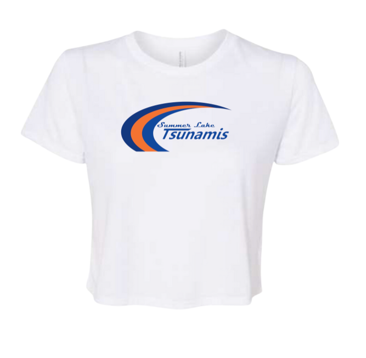 ​Summer Lake Tsunamis Custom Ladies Flowy Crop Tee - White - 3 Design Options