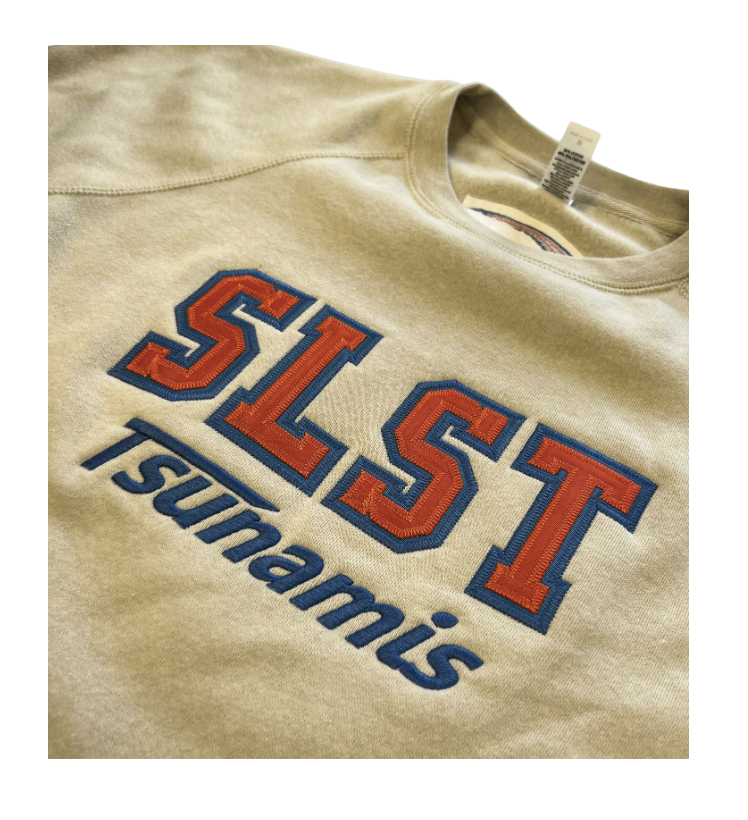 Summer Lake Tsunamis Custom Embroidered Varsity Crew Sweatshirt With Tackle Twill- Stone Heather