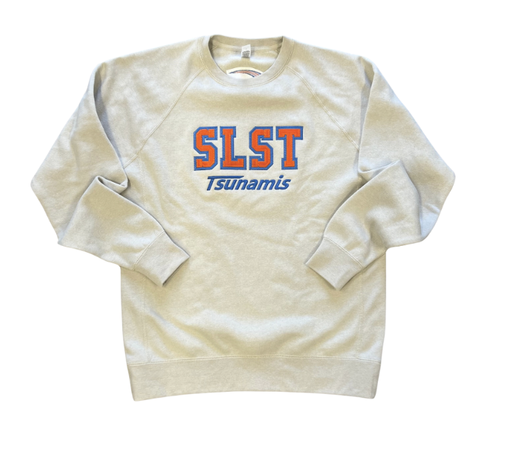 Summer Lake Tsunamis Custom Embroidered Varsity Crew Sweatshirt With Tackle Twill- Stone Heather