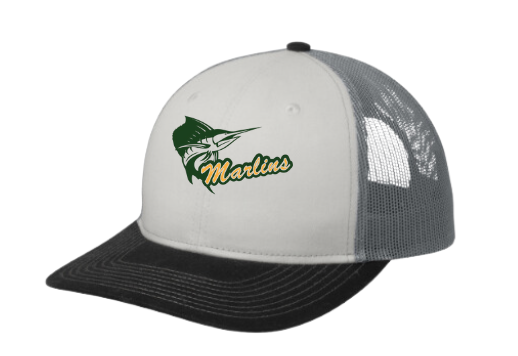 Foxcreek Marlins Custom Embroidered Snapback Trucker Cap Hat- White/Black/Grey or Olive Drab Green/Black