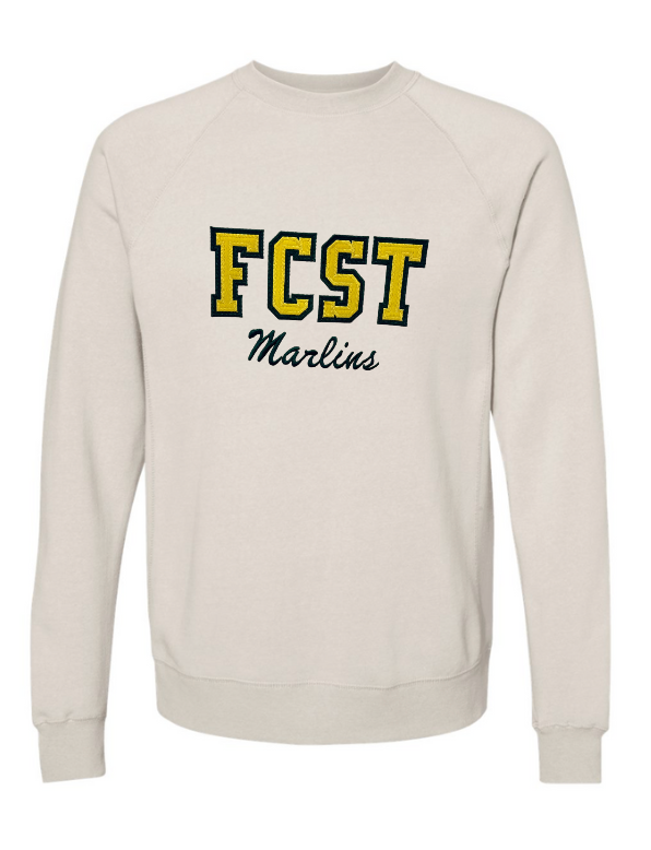 Foxcreek Marlins Custom Varsity Crew Sweatshirt with Embroidery & Tackle Twill - Stone Heather
