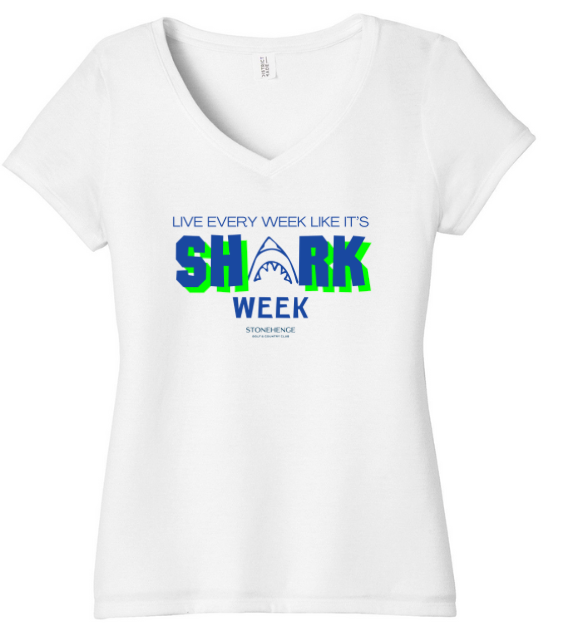 Stonehenge Sharks SHARK WEEK Ladies V-Neck Tee - White or Maritime Blue