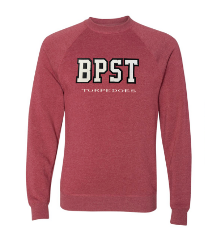 Bayhill Pointe Torpedoes Varsity Crew Sweatshirt with Embroidery & Tackle Twill - Crimson