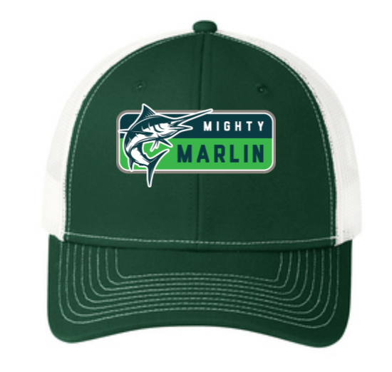 Smoketree Mighty Marlin Custom Embroidered Snapback Trucker Cap Hat- Dark Green/White
