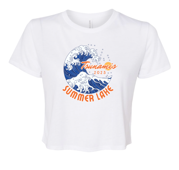 Summer Lake Tsunamis Custom Ladies Flowy Crop Tee - White - 3 Design Options