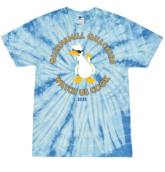 ​Queensmill Quackers Custom Tie Dye Tee T-Shirt - Yellow or Blue - 3 Design Options - Adult & Youth