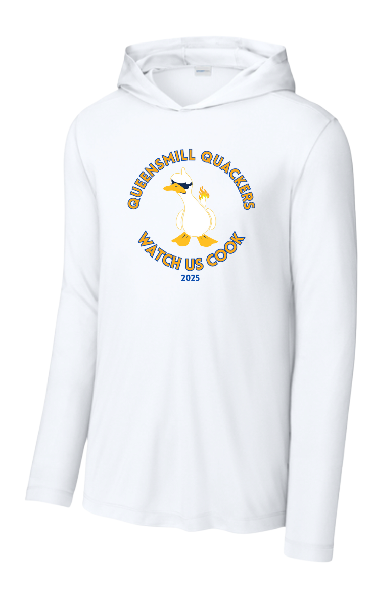​Queensmill Quackers Custom UV Pro Long Sleeve Hoodie Tee - Light Blue or White - 3 Design Options - Adult
