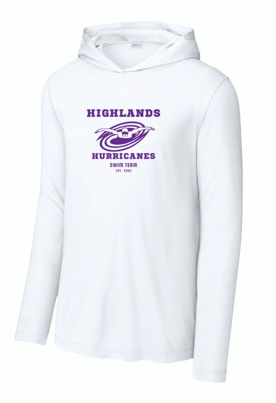 ​The Highlands Hurricanes  Custom UV Pro Long Sleeve Hoodie Tee -White or Dark Smoke Grey - Adult - With Optional Personalization