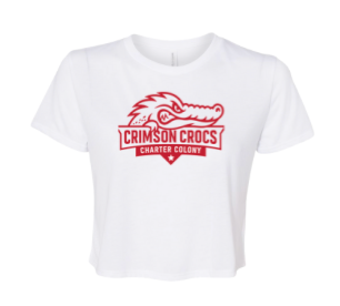 Charter Colony Crimson Crocs Ladies Flowy Crop Tee - 3 Design Options - White - Adult Sizes