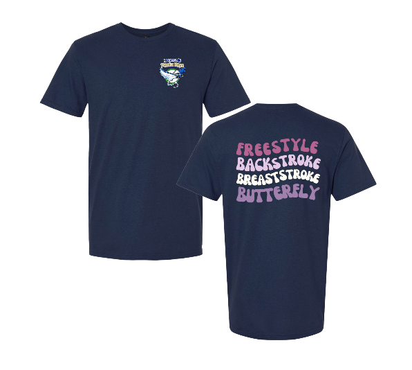 Harpers Mill Manta Rays Team T-Shirt - Manta Ray Swimmer with Strokes on Back - White or Navy - Youth & Adult Sizes