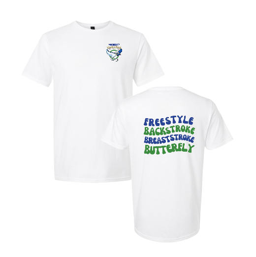 Harpers Mill Manta Rays Team T-Shirt - Manta Ray Swimmer with Strokes on Back - White or Navy - Youth & Adult Sizes