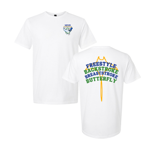 Harpers Mill Manta Rays Team T-Shirt - Manta Ray Swimmer with Strokes on Back with Manta Ray - White - Youth & Adult Sizes