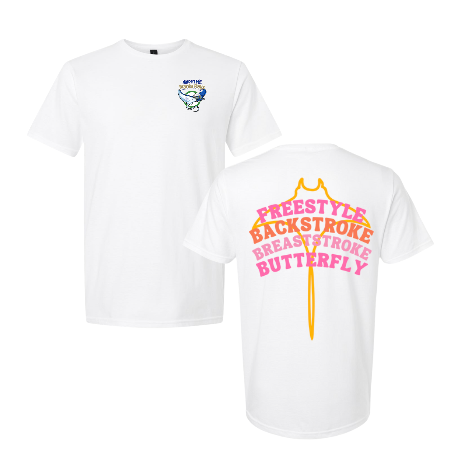 Harpers Mill Manta Rays Team T-Shirt - Manta Ray Swimmer with Strokes on Back with Manta Ray - White - Youth & Adult Sizes