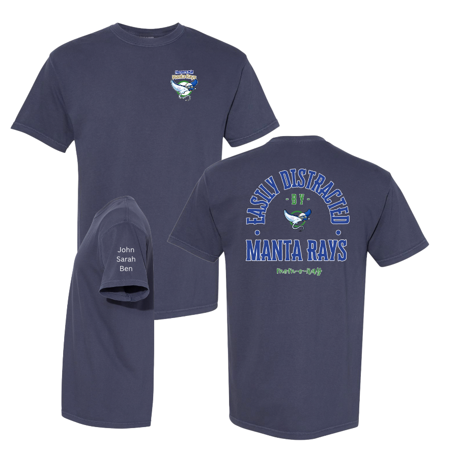 ​Harpers Mill Manta Rays Custom Team T-Shirt - MOM-O-RAY or DAD-O-RAY Comfort Colors - Navy - Adult with Optional Personalization on Sleeve