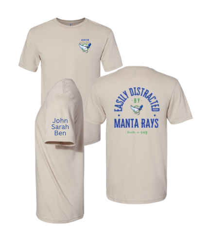 ​Harpers Mill Manta Rays Custom Team T-Shirt - MOM-O-RAY or DAD-O-RAY - White or Slate - Adult with Optional Personalization on Sleeve