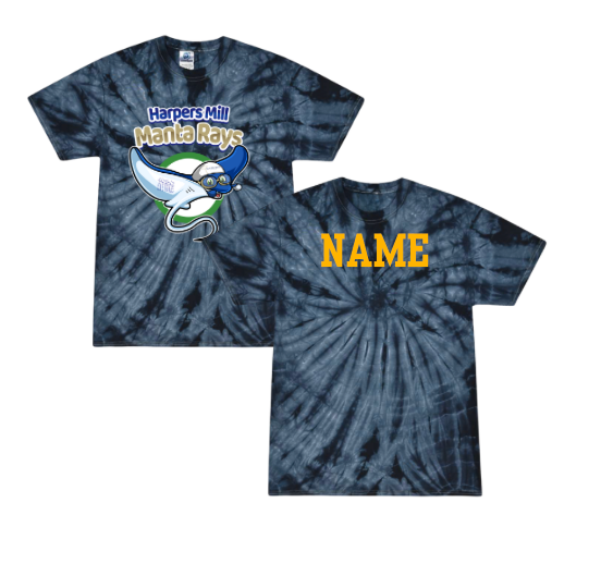 Harpers Mill Manta Rays Team Tie Dyed T-Shirt - Kelly Spider or Navy Spider - Manta Ray Swimmer - with Optional Personalization