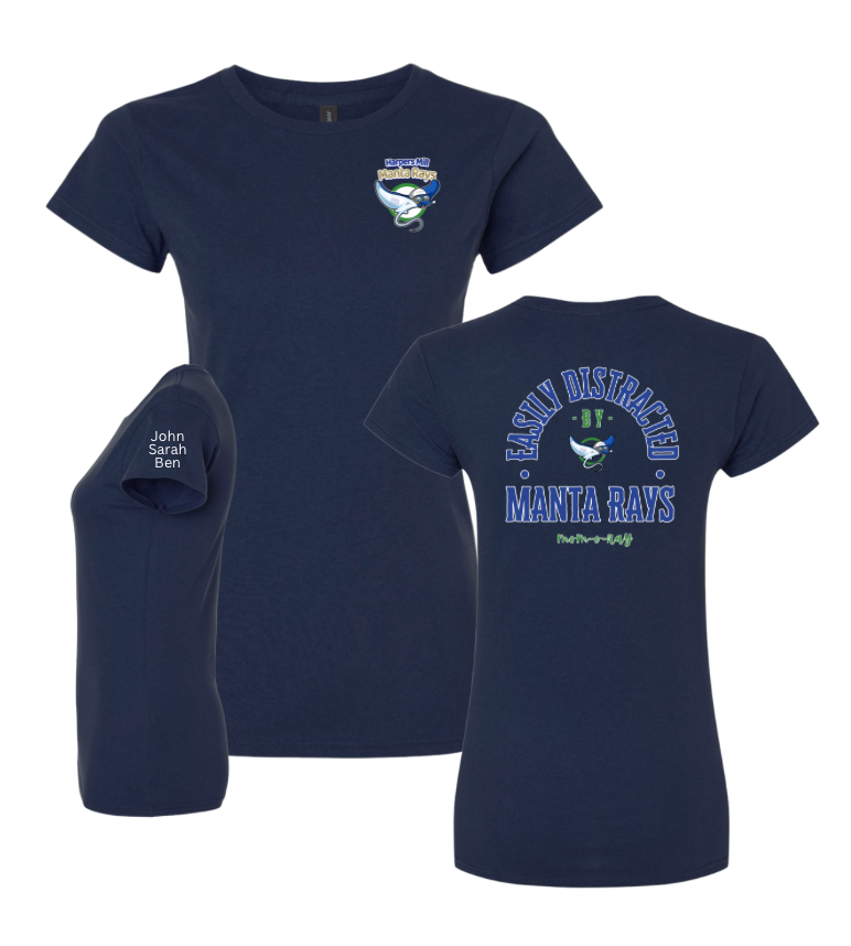 ​Harpers Mill Manta Rays Ladies T-Shirt - MOM-O-RAY - Navy or White - Optional Personalization on Sleeve