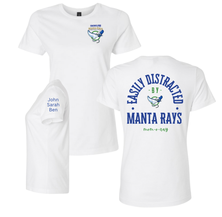 ​Harpers Mill Manta Rays Ladies T-Shirt - MOM-O-RAY - Navy or White - Optional Personalization on Sleeve