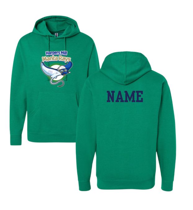 Harpers Mill Manta Rays Hoodie Sweatshirt - Kelly Green - Manta Ray Swimmer - Adult -  Optional Personalization