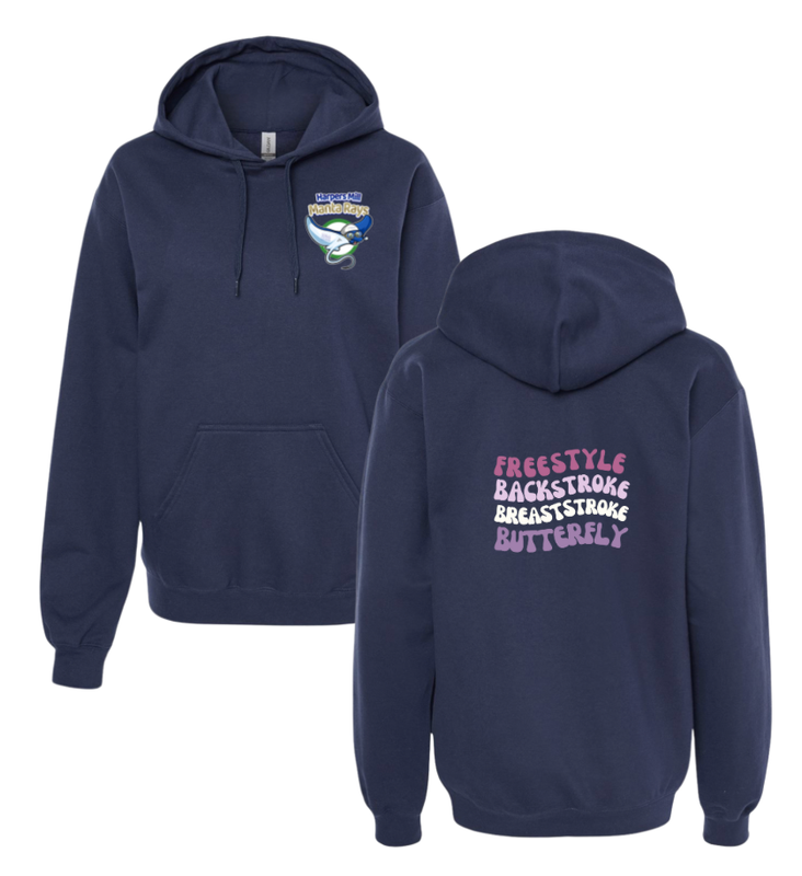 Harpers Mill Manta Rays Hoodie Sweatshirt - Manta Ray Swimmer with Strokes - Navy or White - Youth & Adult Sizes