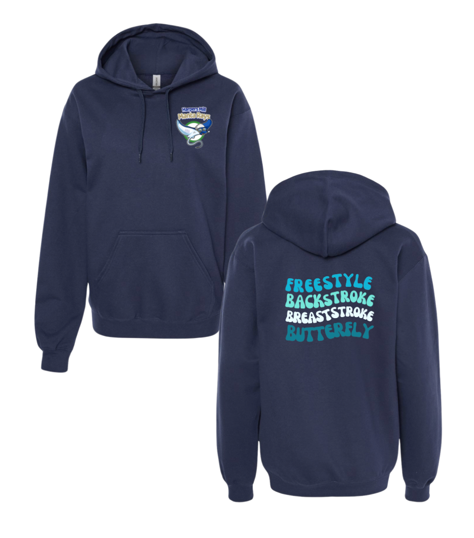 Harpers Mill Manta Rays Hoodie Sweatshirt - Manta Ray Swimmer with Strokes - Navy or White - Youth & Adult Sizes