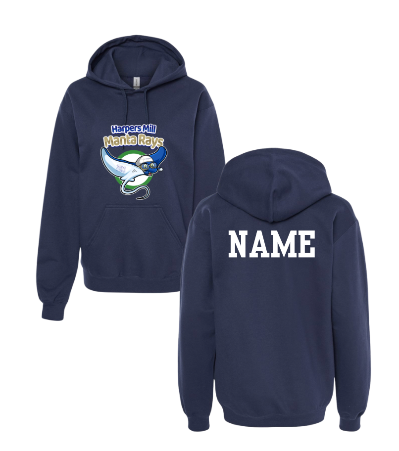 Harpers Mill Manta Rays Hoodie Sweatshirt - Manta Ray Swimmer - Navy or White - Youth & Adult Sizes - With Optional Personalization