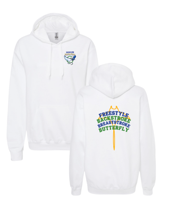 Harpers Mill Manta Rays Hoodie Sweatshirt - Manta Ray Swimmer with Strokes with Manta Ray - Navy or White - Youth & Adult Sizes