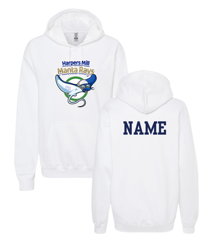Harpers Mill Manta Rays Hoodie Sweatshirt - Manta Ray Swimmer - Navy or White - Youth & Adult Sizes - With Optional Personalization