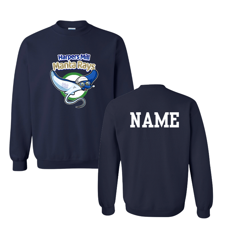 Harpers Mill Manta Rays Crew Sweatshirt - Manta Ray Swimmer - Navy or White - Youth & Adult Sizes - With Optional Personalization