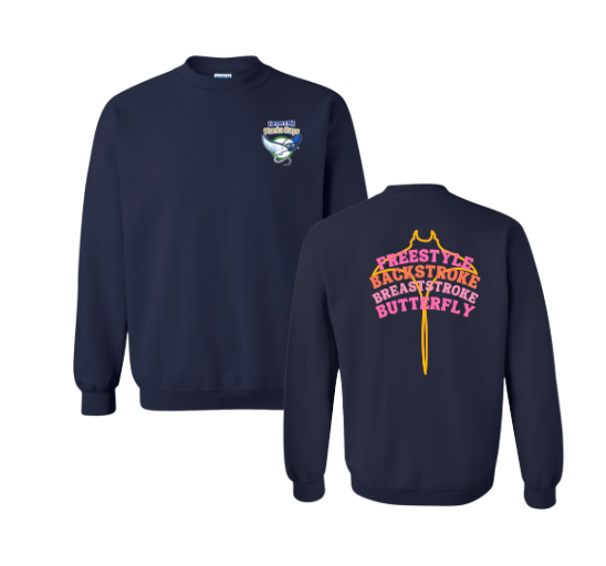 Harpers Mill Manta Rays Crew Sweatshirt - Manta Ray Swimmer with Strokes & Manta Ray - Navy or White - Youth & Adult Sizes