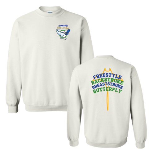 Harpers Mill Manta Rays Crew Sweatshirt - Manta Ray Swimmer with Strokes & Manta Ray - Navy or White - Youth & Adult Sizes