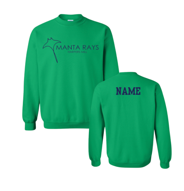Harpers Mill Manta Rays Crew Sweatshirt - TEAM - Kelly Green - Adult Sizes - With Optional Personalization