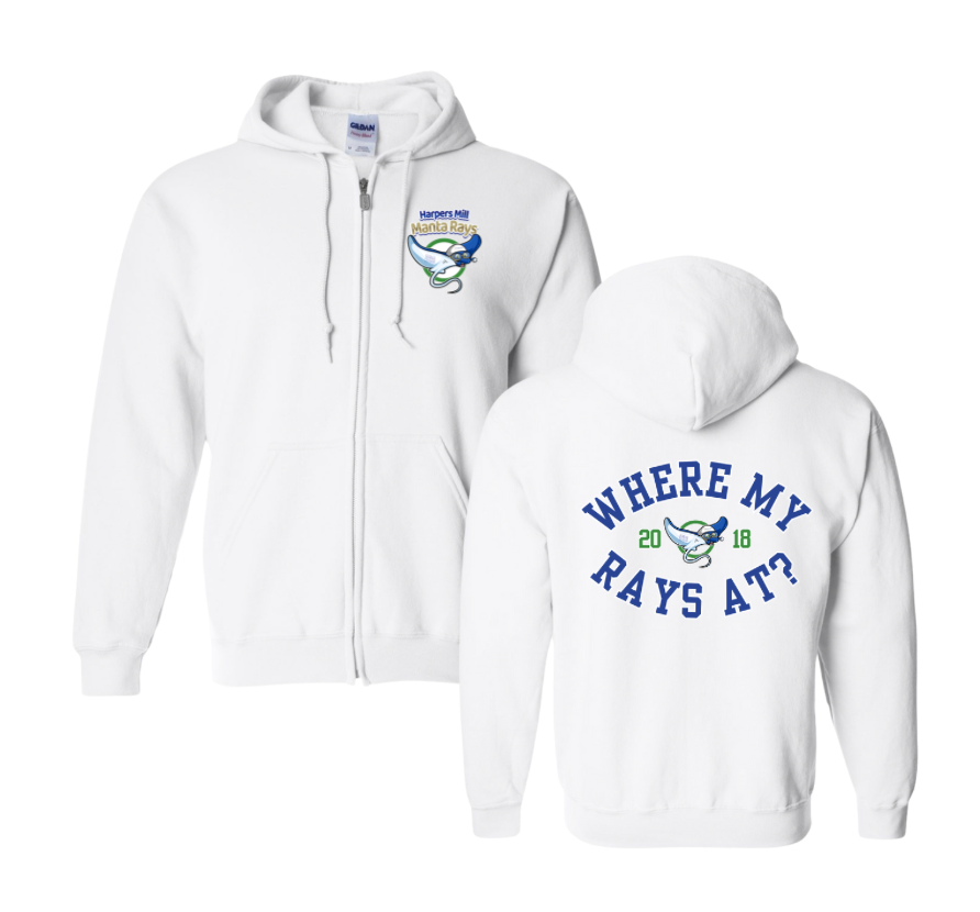 Harpers Mill Manta Rays Custom Team ZIP UP Hoodie Sweatshirt - White- 9 Design Options - Adult