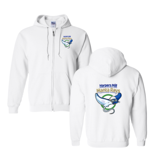 Harpers Mill Manta Rays Custom Team ZIP UP Hoodie Sweatshirt - White- 9 Design Options - Adult