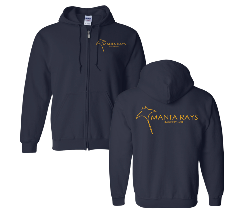 Harpers Mill Manta Rays Custom Team ZIP UP Hoodie Sweatshirt - Navy - 10 Design Options - YOUTH & ADULT Sizing