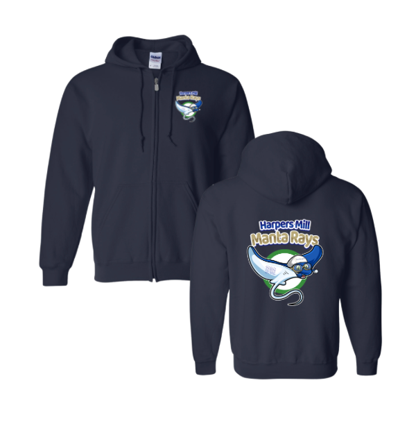 Harpers Mill Manta Rays Custom Team ZIP UP Hoodie Sweatshirt - Navy - 10 Design Options - YOUTH & ADULT Sizing