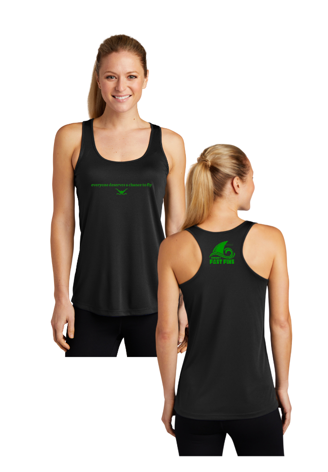 Foxcroft Fast Fins Ladies Moisture Wicking Racerback Tank Top - Black- Everyone Deserves a Chance to Fly - Adult