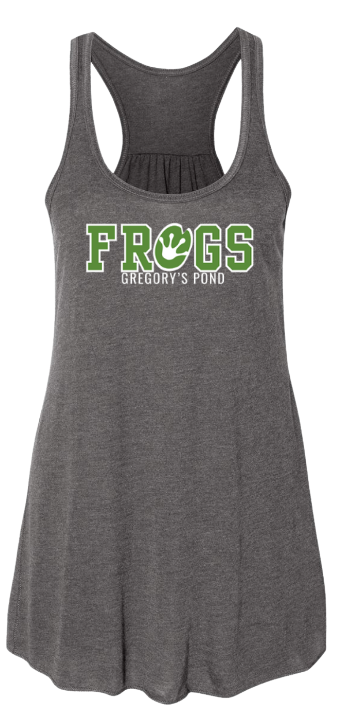 Gregorys Pond Ladies Flowy Racerback Tank - Athletic Grey, Dark Grey Heather or White - FROGS - Adult