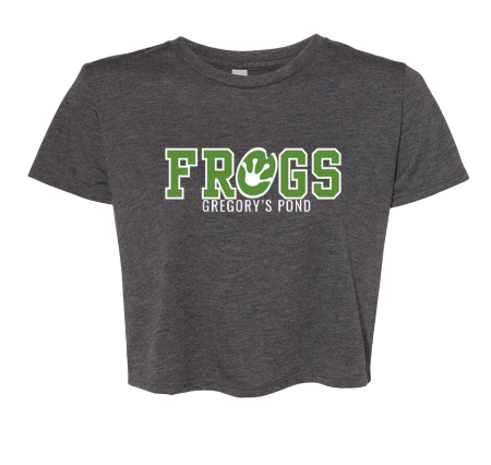 Gregorys Pond Ladies Flowy Crop Tee - Dark Grey Heather, Athletic Grey, Heather Dust or White -FROGS Design -  ADULT