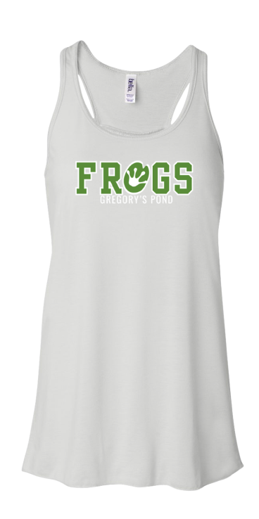 Gregorys Pond Ladies Flowy Racerback Tank - Athletic Grey, Dark Grey Heather or White - FROGS - Adult