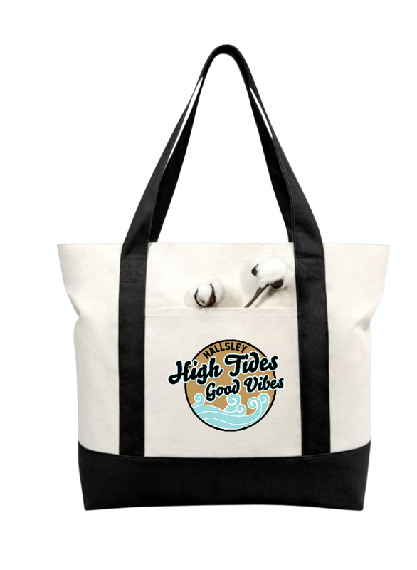 Hallsley High Tides Custom Canvas Tote Bag - Black/Natural - LARGE with ZIPPER - Team Logo or Good Vibes