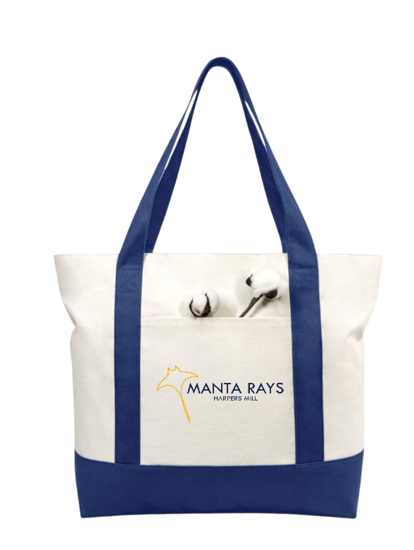 Harper's Mill Manta Rays Custom Canvas Tote Bag - Navy/Natural - LARGE with ZIPPER - 2 Design Options
