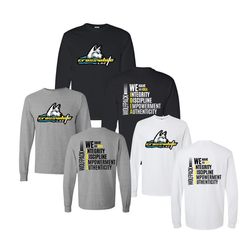 Crosswhite LAC Team LONG Sleeve T-Shirt - Black, White or Grey - Youth & Adult Sizes Crosswhite LAC Team LONG Sleeve T-Shirt - Black, White or Grey - Youth & Adult Sizes